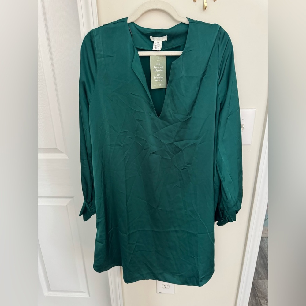 Dark green silky tunic mini dress